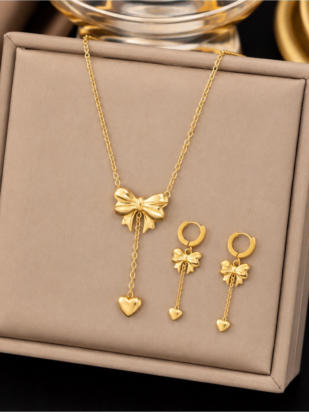 Gold Bow & Heart Dangle Necklace with Matching Earrings - Women's Jewelry